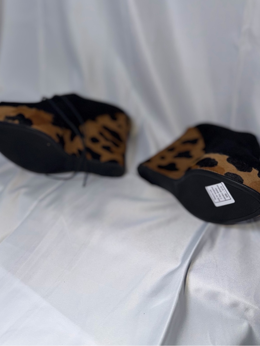 Prada Black Suede Peep-Toe Lace-Up Wedges with Leopard-Print Platform - Picture 5 of 6